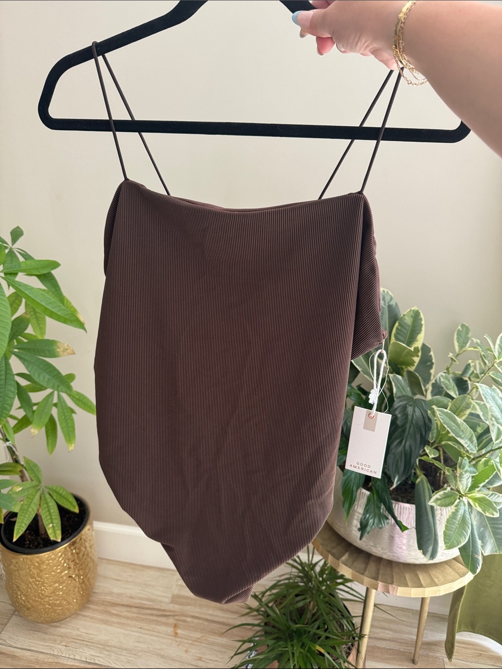 NWT Good American Chocolate Brown Ribbed 90s One Piece Swimsuit Women’s Size 8